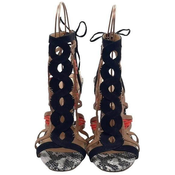 River Island Strappy Caged Mixed Print Heels Black Coral Tan Women’s 7 US | 5 UK - Picture 9 of 16